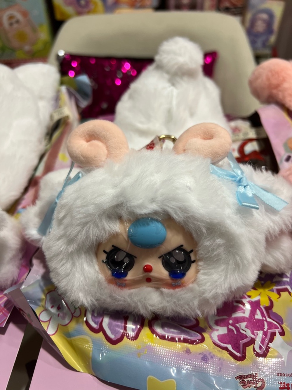 Plush Lamb baby three pencil case - White with Blue Accents